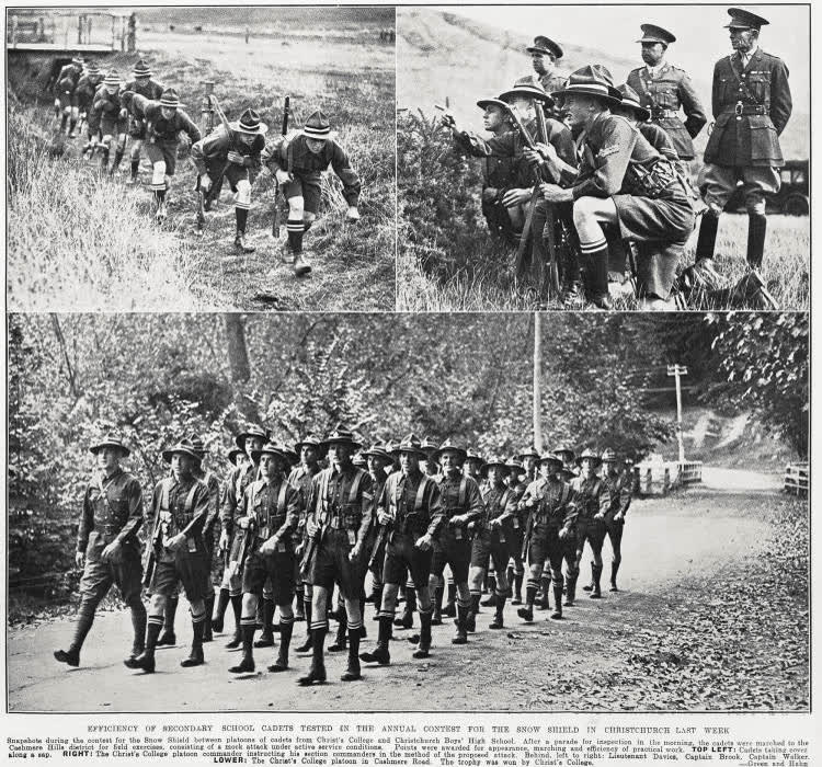 Efficiency of secondary school cadets tested in the annual contest for the Snow Shield in Christchurch last week, 1935