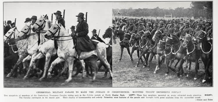 Ceremonial military parade to mark the Jubilee in Christchurch: mounted troops' impressive display, 1935