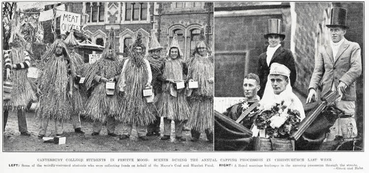 Canterbury College students in festive mood: scenes during the annual capping procession in Christchurch last week, 1935