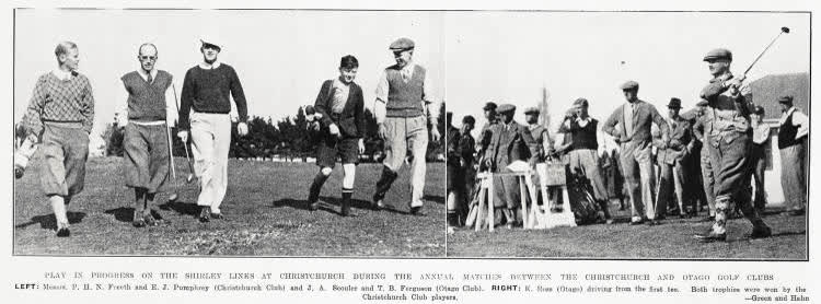 Play in progress on the Shirley Links at Christchurch during the annual matches between the Christchurch and Otago golf clubs, 1935