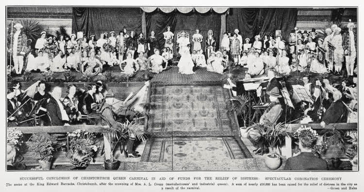 Successful conclusion of Christchurch Queen Carnival in aid of funds for the relief of distress: spectacular coronation ceremony, 1935