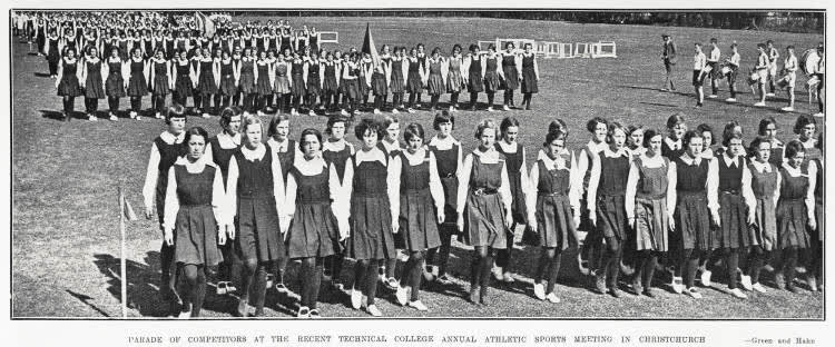Parade of competitors at the recent technical college annual athletic sports meeting in Christchurch, 1935