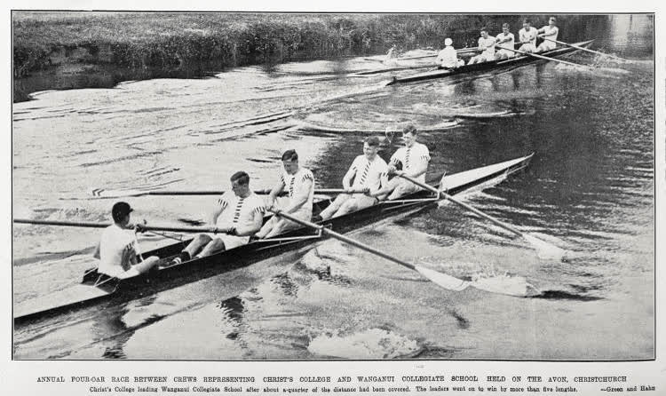 Annual four-oar race between crews representing Christ's College and Wanganui Collegiate School held on the Avon, Christchurch, 1935
