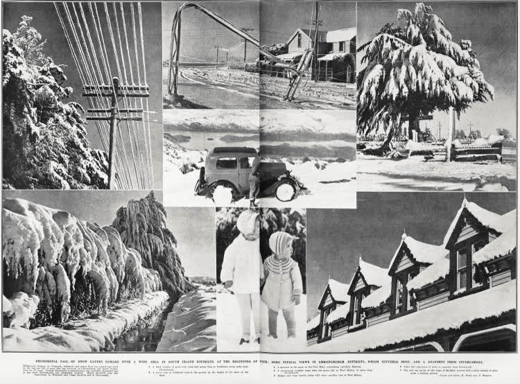 Phenomenal fall of snow causes damage over a wide area in South Island districts at the beginning of the week, 1935