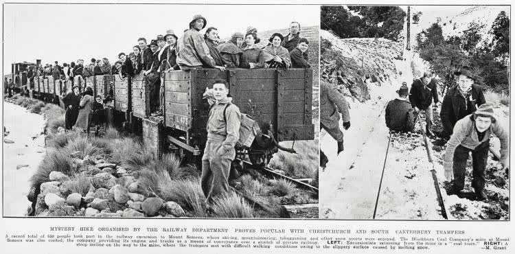 Mystery hike organised by the Railway Department proves popular with Christchurch and South Canterbury trampers, 1935