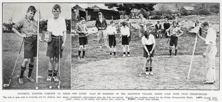 Youthful golfers compete on their own links: play by members of the Islington Village Green Golf Club, near Christchurch, 1935