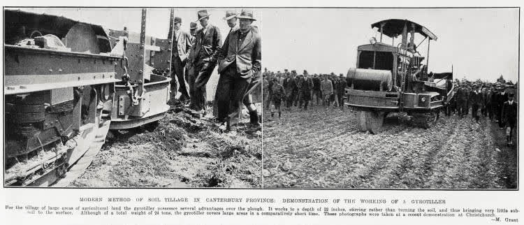 Modern method of soil tillage in Canterbury province: demonstration of the working of a gyro tiller, 1935