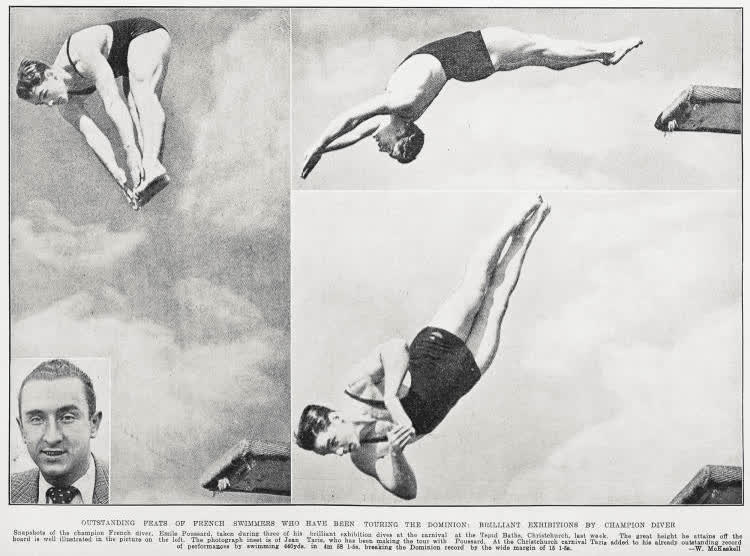 Outstanding feats of French swimmers who have been touring the Dominion: brilliant exhibitions by champion diver, 1935