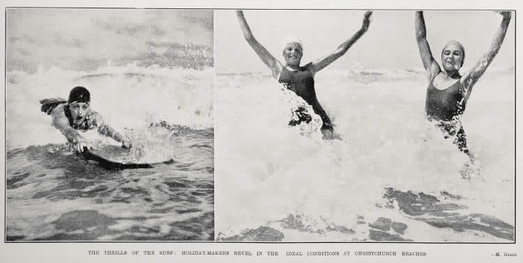 The thrills of the surf: holiday-makers revel in the ideal conditions at Christchurch beaches, 1936