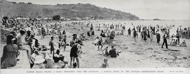 Summer Beach proves a great attraction over the holidays: a typical scene on the popular Christchurch beach, 1936
