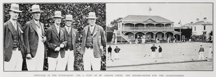 Officials at the tournament and a view of St. Albans green, the headquarters for the championships, 1936