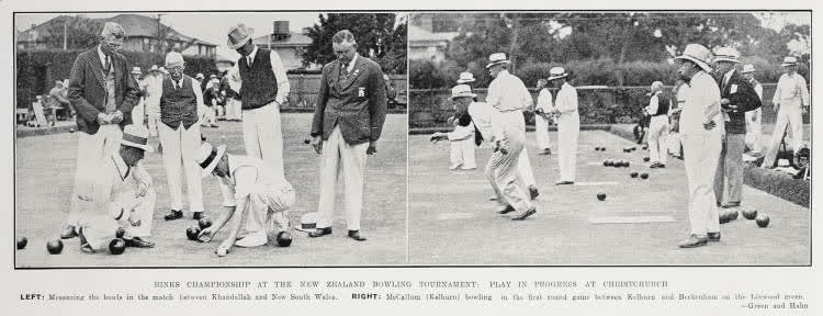 Rinks championship at the New Zealand bowling tournament: play in progress at Christchurch, 1936