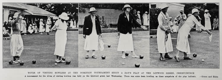 Wives of visiting bowlers at the dominion tournament enjoy a day's play at the Linwood green, Christchurch, 1936