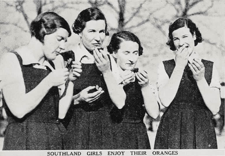 Southland girls enjoy their oranges, 1936