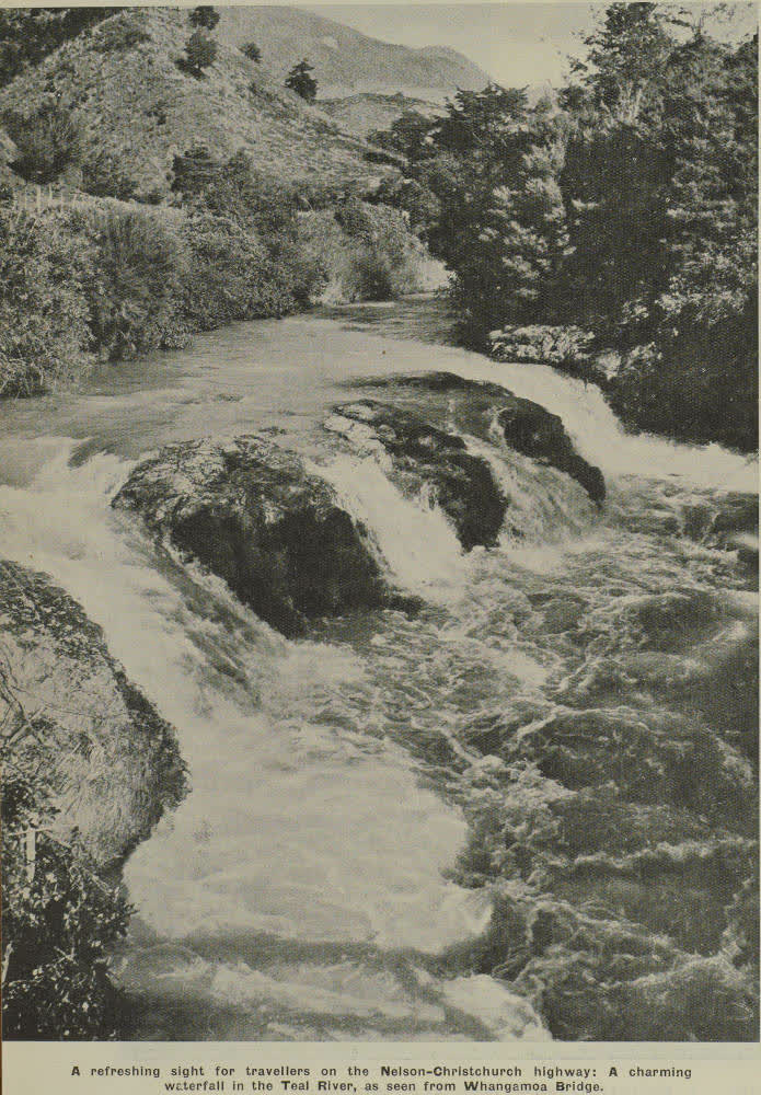 A refreshing sight for travellers on the Nelson-Christchurch highway: A charming waterfall in the Teal River, as seen from Whangamoa Bridge, 1936