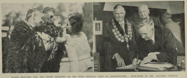 Warm welcome for the Prime Minister on his first official visit to Christchurch: functions in Mr. Savage's honour, 1937