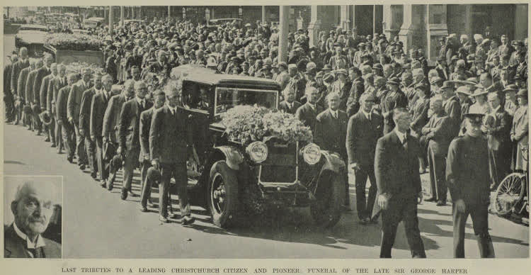 Last tributes to a leading Christchurch citizen and pioneer: funeral of the late Sir George Harper, 1937