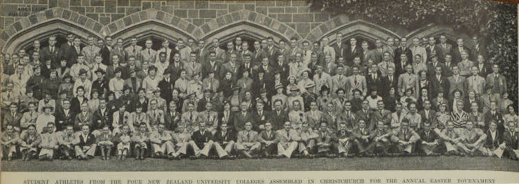 Student athletes from the four New Zealand University Colleges assembled in Christchurch for the annual Easter tournament, 1937