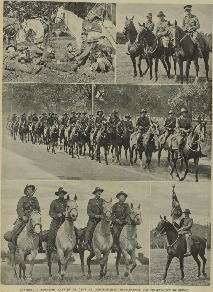 Canterbury Yeomanry Cavalry in camp at Christchurch: preparations for presentation of guidon, 1937
