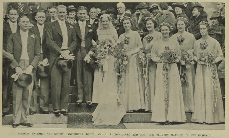 Champion swimmer and North Canterbury bride: Mr. L. J. Moorhouse and Miss Peg Blunden married in Christchurch, 1937