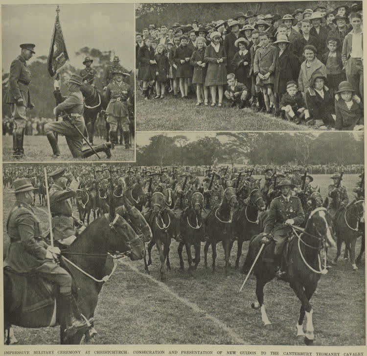 Impressive military ceremony at Christchurch: consecration and presentation of new guidon to the Canterbury Yeomanry Cavalry, 1937