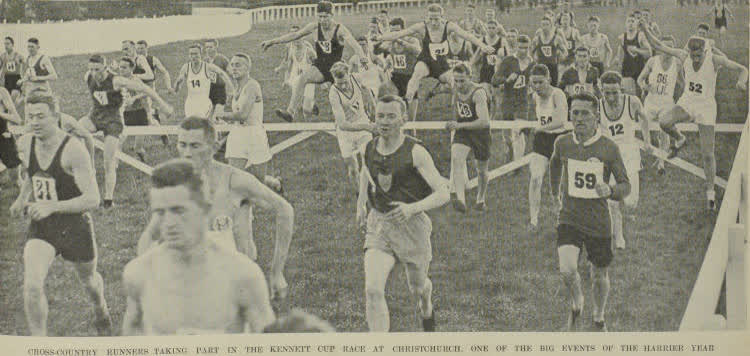 Cross-country runners taking part in the Kennett Cup race at Christchurch, one of the big events of the harrier year, 1937