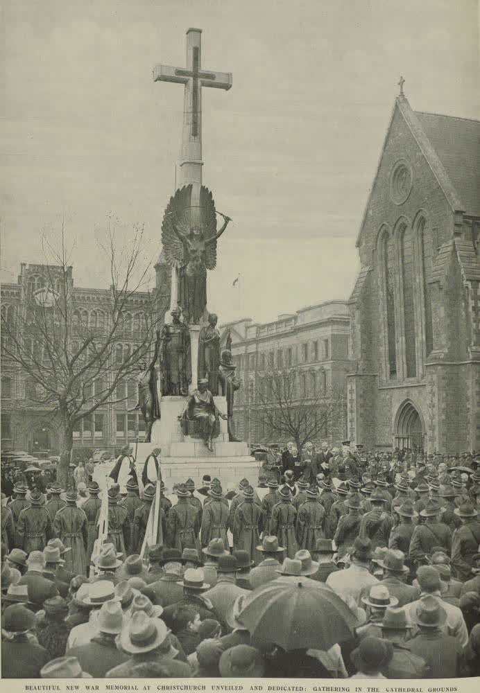 Beautiful new war memorial at Christchurch unveiled and dedicated: gathering in the Cathedral grounds, 1937