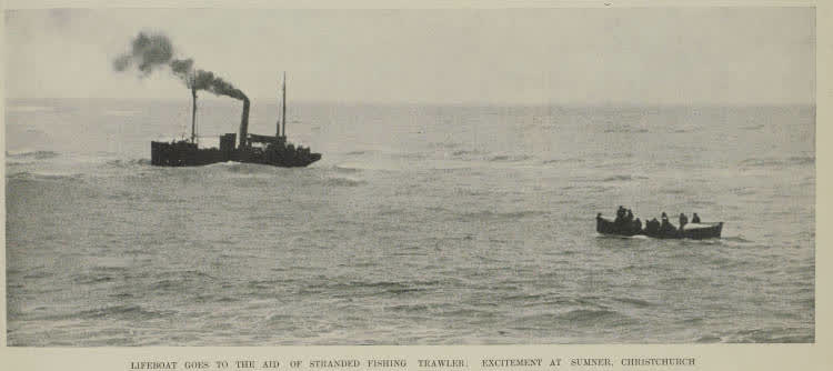 Lifeboat goes to the aid of stranded fishing trawler: excitement at Sumner, Christchurch, 1937