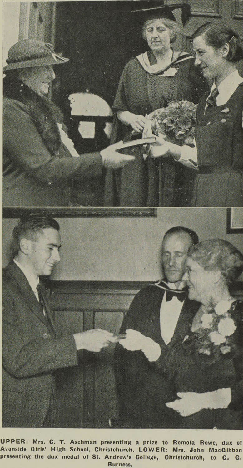 Romola Rowe, dux of Avonside Girls' High School, Christchurch and G. G. Burness, dux of St. Andrew's College, Christchurch, 1937