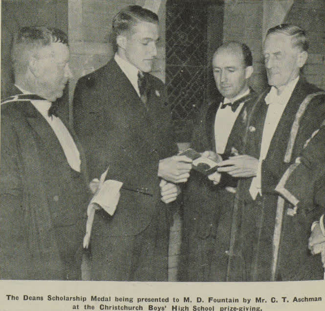 The Deans Scholarship Medal being presented to M. D. Fountain by Mr. C. T. Aschman at the Christchurch Boys' High School prize-giving, 1937