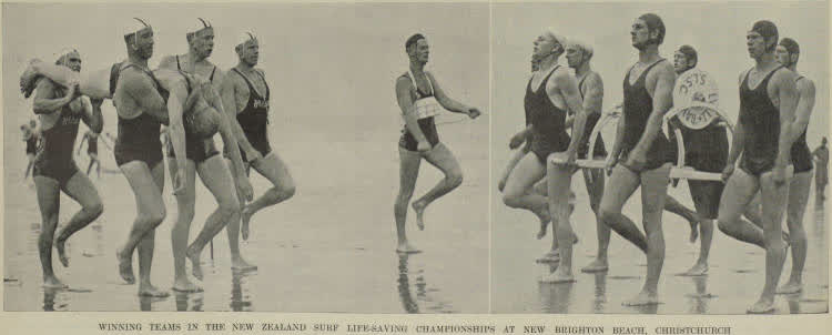 The winning teams in the New Zealand Surf Life-saving Championships, New Brighton Beach, Christchurch, 1938
