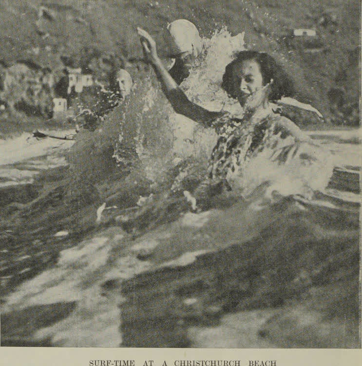 Swimmers in the breakers at Taylor's Mistake, Christchurch, 1938