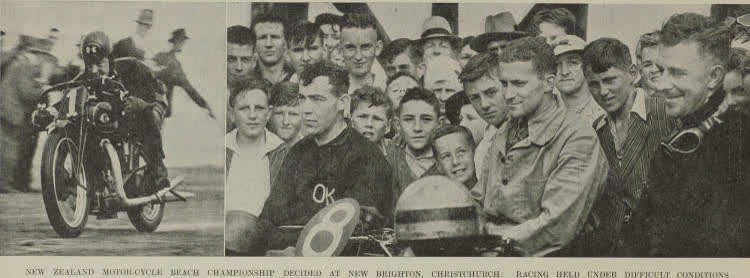 Motorcycle racers and spectators at the Motor-cycle Beach Championships, New Brighton, Christchurch, 1938
