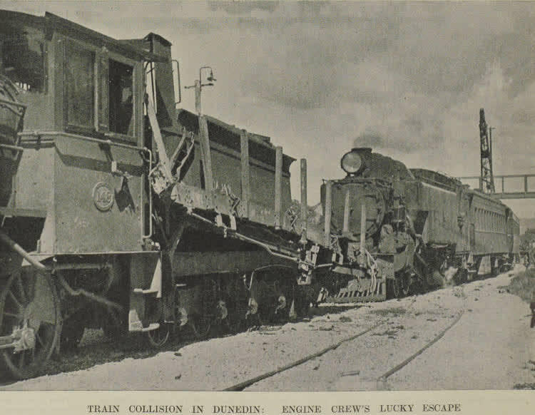 Train collision in Dunedin: engine crew's lucky escape, 1938