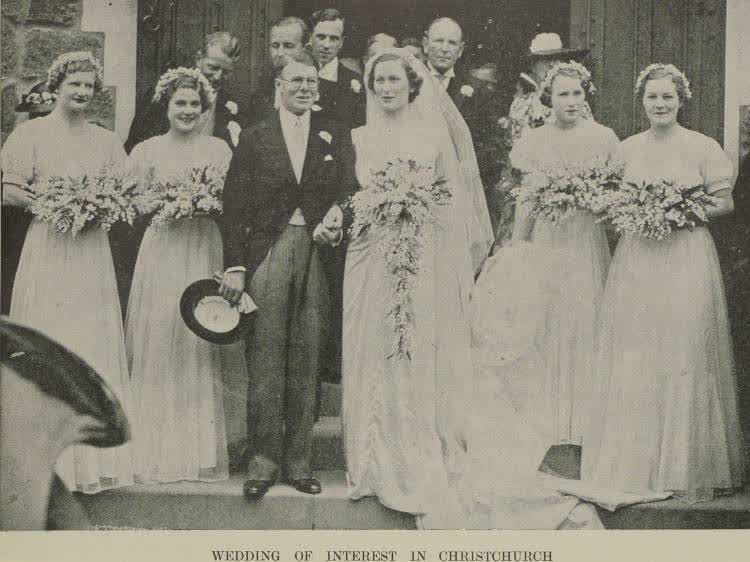 The bridal party of Mr. James Herbert Coleman and Mrs Brigit Coleman at Fendalton, 1938