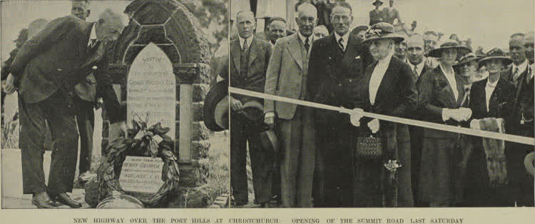Mrs Adelaide Ell cutting the ribbon during the opening ceremony of the Summit Road over the Port Hills at Christchurch, 1938