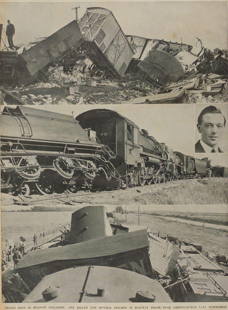Head-on collision when a night freight train from the West Coast crashed into a stationary train from Christchurch at Aylesbury, 1938