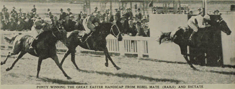 Ponty winning the great Easter handicap at the Canterbury Jockey Club's horse races at Riccarton, 1938