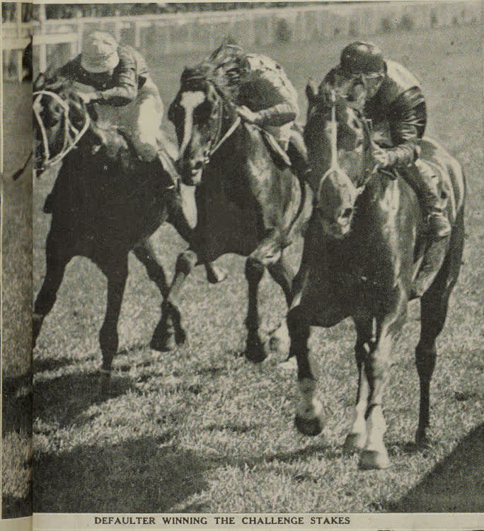 Defaulter winning the Challenge Stakes at the Canterbury Jockey Club's horse races at Riccarton, 1938