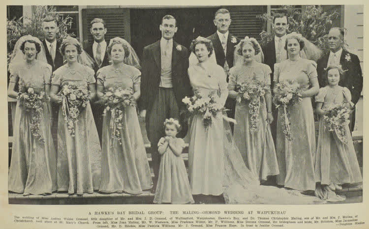 Wedding of Dr. Thomas Christopher Maling to Miss Audrey Wilder Ormond at Waipukurau, 1938