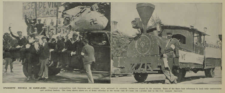 Students in Auckland satirise Count von Luckner and the New Zealand Railways, 1938