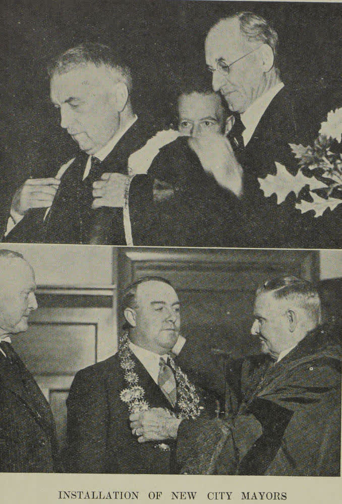The investiture of the new Mayors: Mr. Andrew H. Allen for Dunedin and Mr. Robert M. Macfarlane for Christchurch, 1938