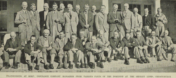 Insurance company managers gathered together at the Shirley links, Christchurch, 1938