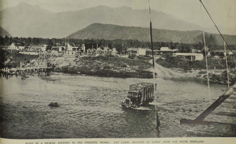 A lorry fording the Jacobs River, South Westland, with a load of fat lambs from a nearby station, 1938