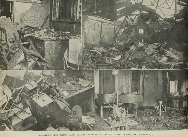 Disastrous fire sweeps radio station, theatre and store at Colombo Street and Gloucester Street, Christchurch, 1938