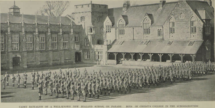 Cadet corps of Christ's College rehearse for the Christchurch parade in honour of the King's birthday, 1938