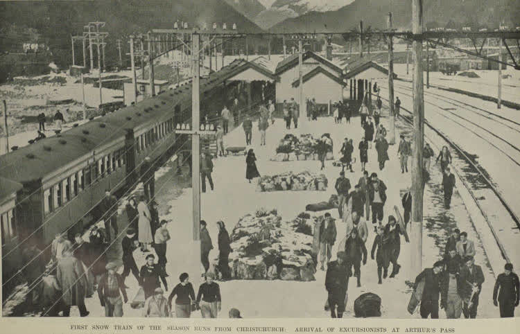 First snow train of the season runs from Christchurch: arrival of excursionists at Arthur's Pass, 1938