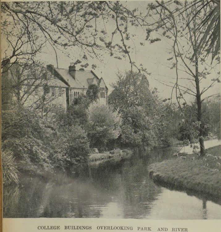 College buildings overlooking park and river, 1938
