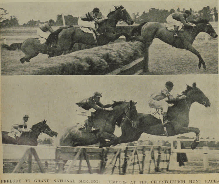Prelude to Grand National meeting: jumpers at the Christchurch Hunt races, 1938