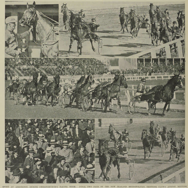 Sport at Addington during Christchurch's racing week: final two days of the New Zealand Metropolitan Trotting Club's August meeting, 1938